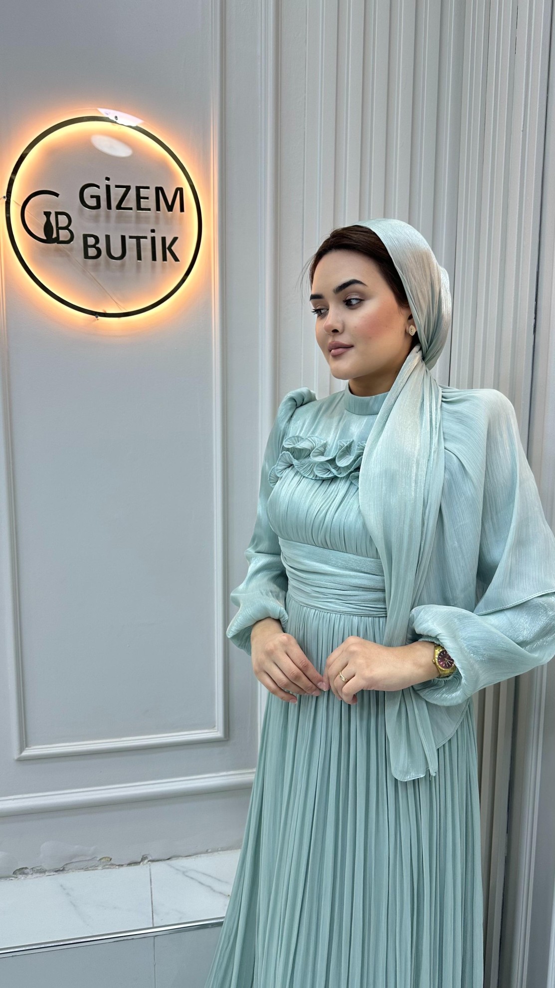 Gül Detay Abiye Su Yeşili