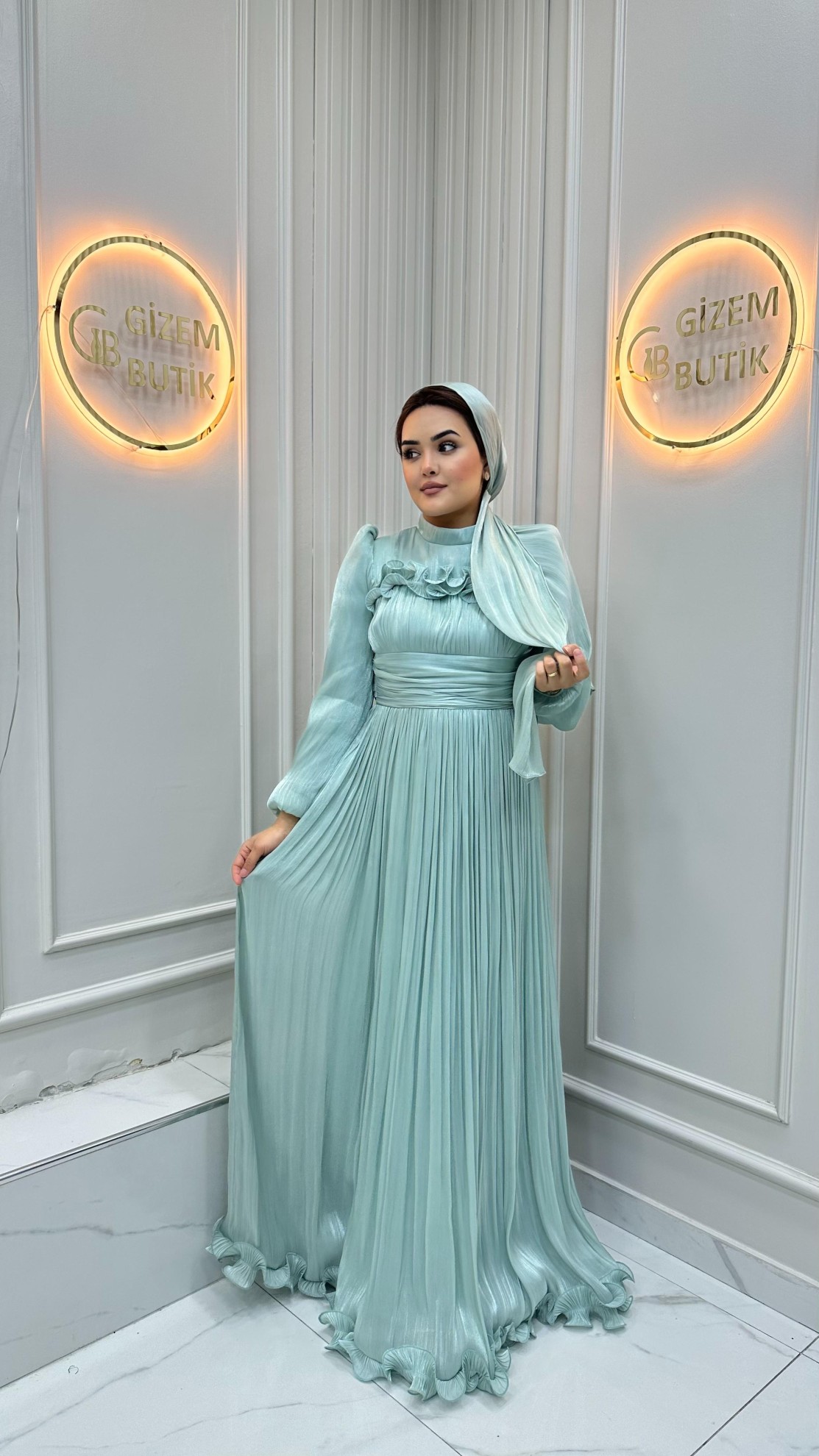 Gül Detay Abiye Su Yeşili